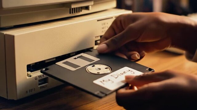 A person's hand inserting a floppy disk into a beige-colored computer peripheral device on a wooden desk