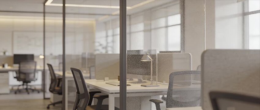 Modern office workspace desk chair glass partition daylight empty interior, open plan corporate workstation with white table pendant lamp, window light, calm clean design copy space