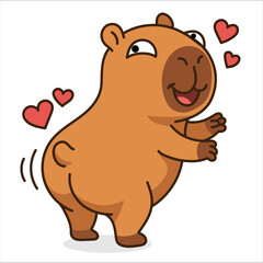 Funny cartoon capybara dancing and wagging tail with red hearts, cute animal character vector in playful love pose, cheerful illustration for Valentine's Day and social media isolated.