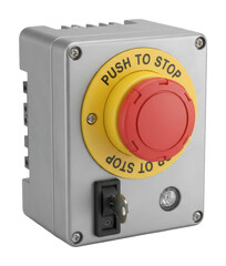 Emergency stop button close-up industrial safety mechanism insight isolated on transparent background