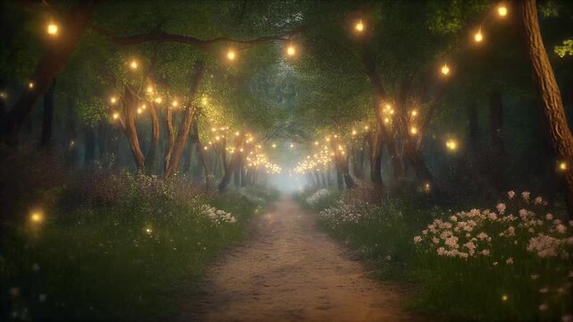 Magical forest path with glowing string lights at dusk