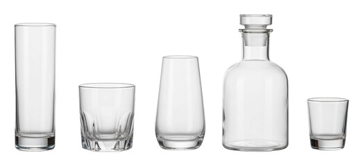 Minimalist studio product photography of glassware collection isolated on transparent background