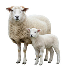 Mother sheep and lamb together in nature animal photography scene isolated on transparent background