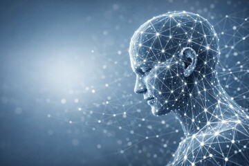 Digital human figure with neural network connections on blue background. Ai generative