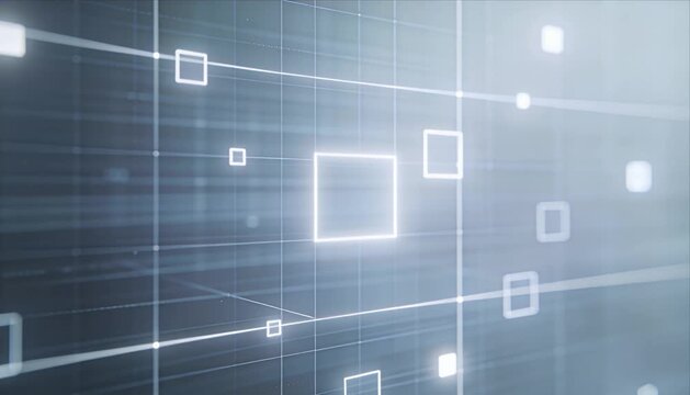 Abstract technology network data grid square interface background with glowing geometric lines, blue gradient digital matrix depth, cloud connection concept, futuristic web video template