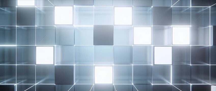 Abstract three dimensional cube grid glowing geometric futuristic background, luminous metallic square panels, reflective glass wall tiles, neon illumination modern digital interface wallpaper video
