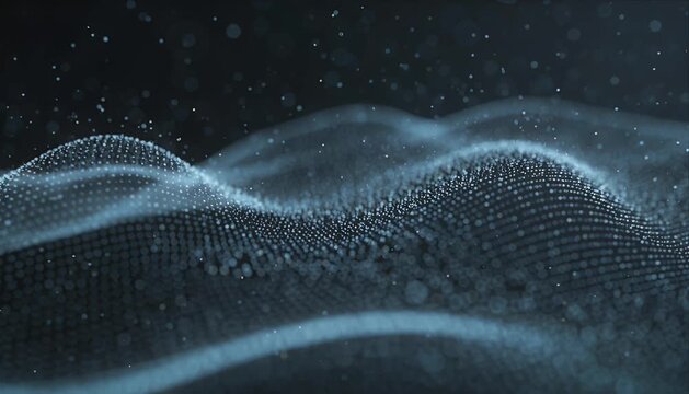 Abstract particle wave data network technology digital background with glowing blue dot field forming flowing 3D mesh surface, bokeh dust, futuristic science communication motion visualization