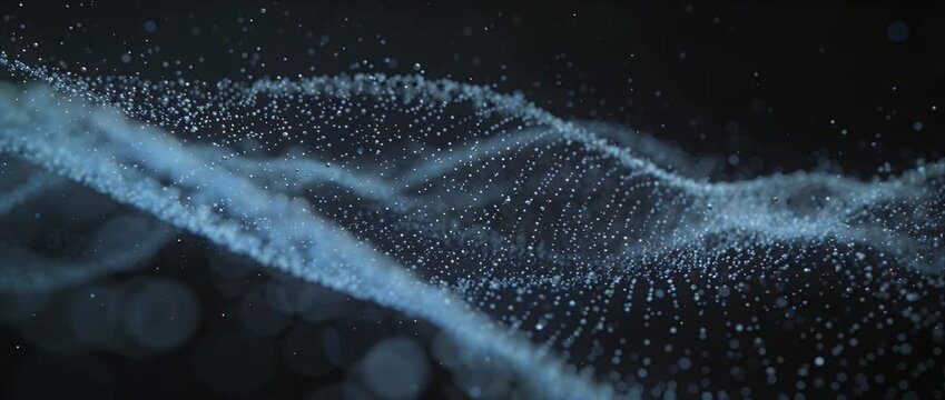 Abstract particle wave data network digital technology blue background, flowing glowing dots and mist forming shimmering landscape, dark space futuristic science visualization, motion design texture
