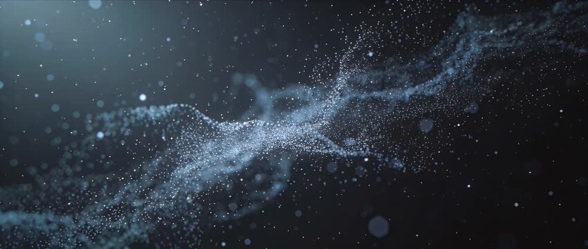Abstract particle wave blue digital background motion bokeh dust sparkle, data network energy stream flowing through dark space, shimmering misty light, futuristic science technology texture