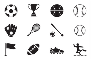 Monochromatic sport icons set featuring various game items on isolated white background