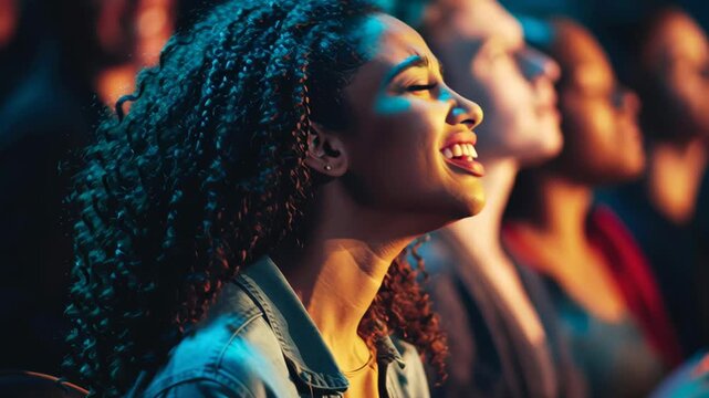 Crowd enjoys music at a live concert in the city at night