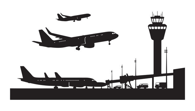 Airport scene with airplanes, control tower, and jet bridges at night, representing air travel and aviation
