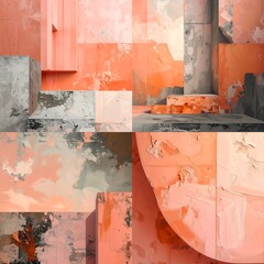 Artistic abstract composition, juxtaposing concrete steps and painted surfaces in coral hues