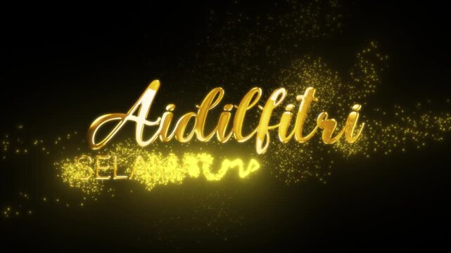 Elegant Selamat Hari Raya Aidilfitri gold glitter greeting handwriting text animation with glowing particles on a black background. Happy Eid Mubarak
