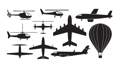 Assortment of flying objects like planes helicopters and hot air balloon icons on white background © Nayan Arts