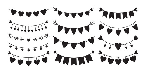 Collection of heart themed banners and garlands for Valentines day and romantic events