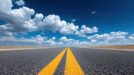 Endless desert highway with blue sky and clouds landscape.