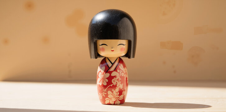 Kokeshi Wooden Doll &ndash; Hand-Painted Traditional Figure with Floral Kimono Pattern for Japan Day Celebrations, Cultural Crafts, and Asian Art Collections