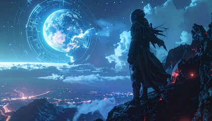 Obraz premium Mystical Nightscape - Silhouette Gazing at Celestial Moon and City Lights.
