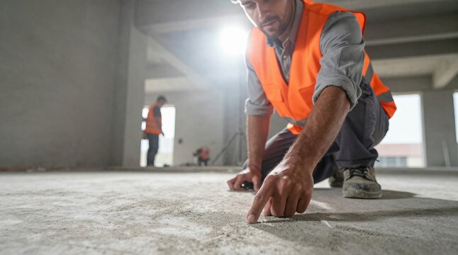 Professional construction supervisor performing a detailed quality control inspection of the concrete floor slab on the unfinished building site.