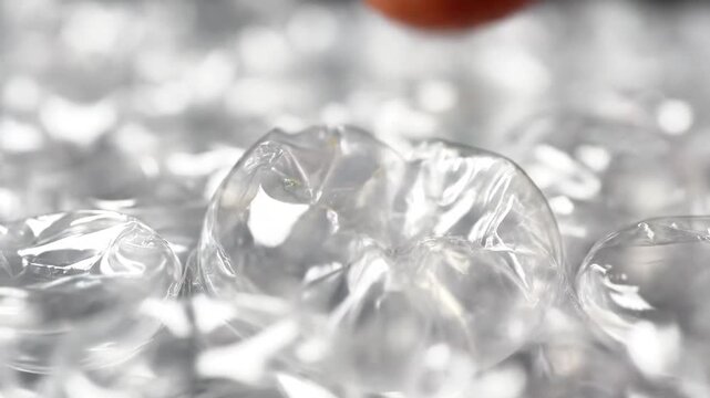A human finger with a neatly trimmed fingernail pressing into bubble wrap