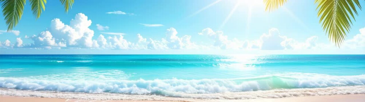 Palm leaves framing a picturesque beach with gentle waves under bright blue sky.