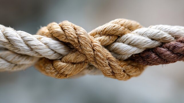Close-up of interwoven knotted ropes in neutral tones.