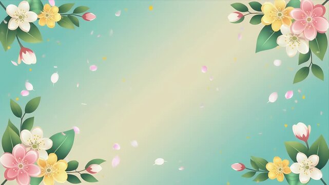 Vibrant floral border with falling petals on gradient background