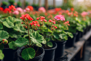 Naklejka premium Pelargonie w doniczkach w szklarni – uprawa roślin balkonowych, sadzonki kwiatów i ogrodnictwo wiosenne