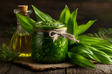 Pesto z czosnku niedźwiedziego w słoiku z oliwą na drewnianym stole – domowy sos, kuchnia sezonowa i zdrowe gotowanie © Henryk Guziak