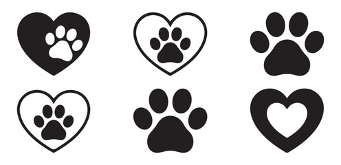 Set of black paw print and heart icons, animal footprint love symbol vector illustration © Stock