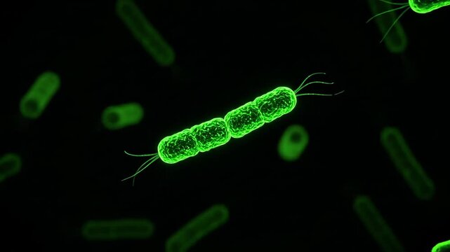 Glowing green bacteria against a dark backdrop, showcasing microorganisms.