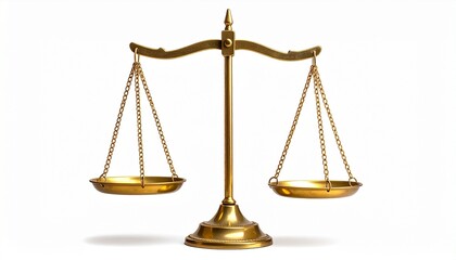 Golden balance scale with empty pans hanging evenly from horizontal beam on white background