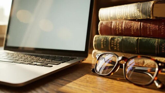 Laptop computer on a wooden desk next to a stack of old books and glasses