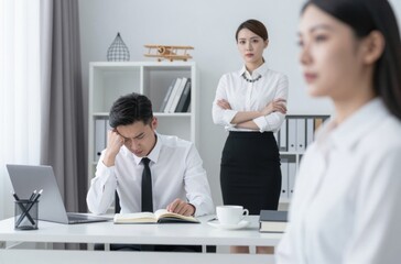 Obraz premium Frustrated Asian Businessman at Desk with Female Colleagues Observing in Modern Office Setting