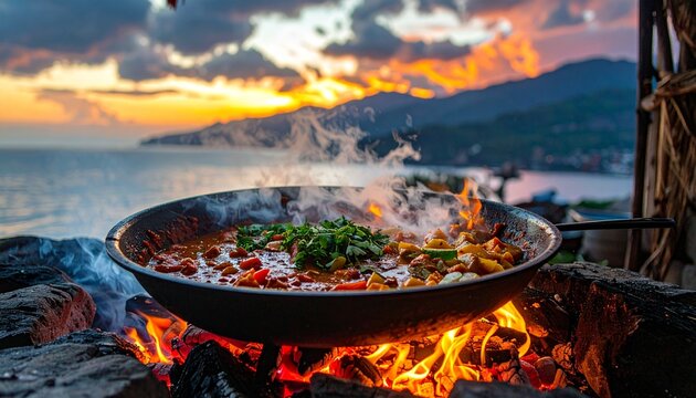 Seaside Feast - A Culinary Delight Cooked Over Open Fire.