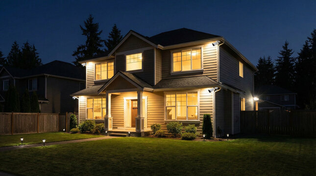 Modern suburban house at night with warm lights illuminating the exterior.
