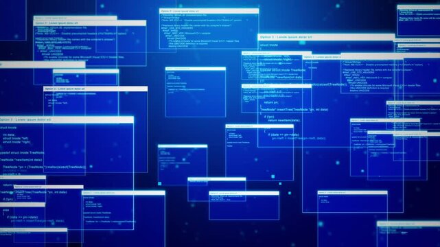 Animated abstract background with floating programming code windows and digital interface elements. Technology, software development and data concept