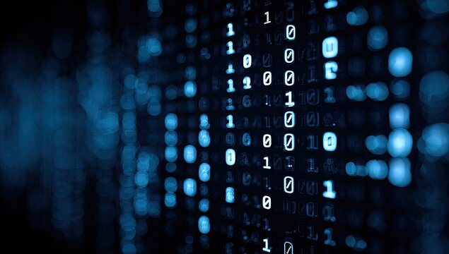 Glowing binary code matrix in blue, numbers cascading against a blurred background