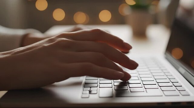 Person typing on a laptop keyboard with blurred background and bokeh lights