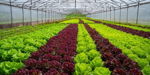 Fototapeta premium The Lettuce Greenhouse Showing Colorful Rows of Organic Leafy Crops