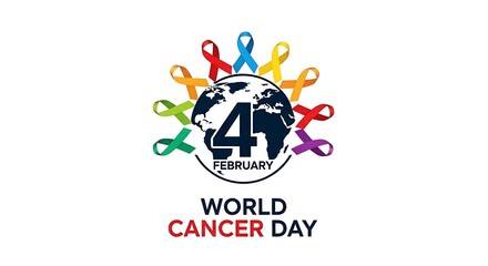World cancer day logo featuring a globe surrounded by colorful ribbons.