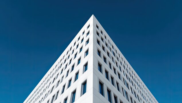 Modern architectural composition featuring a stark white building corner against a clear blue sky