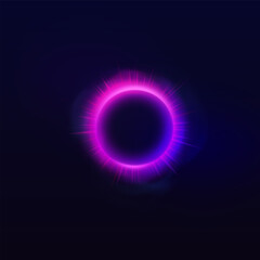 Purple neon halo circle with smoke and rays, glowing ring with bright luminous on dark background, vector planet eclipse