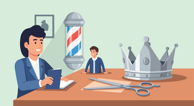Smiling barber, client, barber pole, crown, and scissors on table