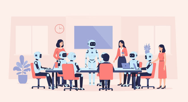 Robots and humans collaborate in a meeting room