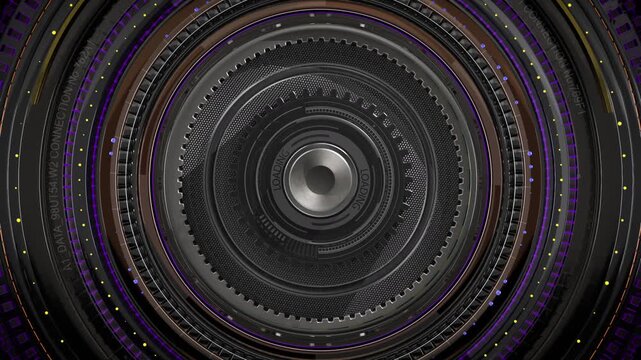 HUD Cogwheel gear User Interface circle Futuristic Sci Fi 2D elements motherboard in a machine rotating. UI Gears working in the machinery. Golden white glowing shining.