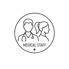 Abstract line art graphic featuring a male physician with a stethoscope alongside a female healthcare professional, symbolizing essential medical personnel and the dedication to health services