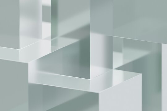 A minimalist, abstract background featuring stacked transparent and semi-opaque glass cubes with soft pastel green and grey tones, creating a modern, clean geometric pattern