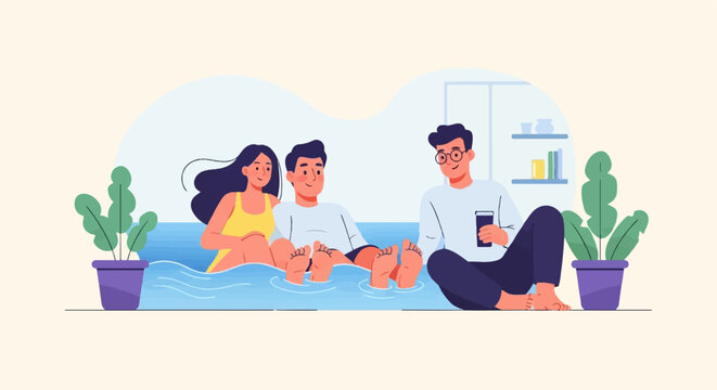 Three friends relaxing in water, two on a couch, one sitting beside